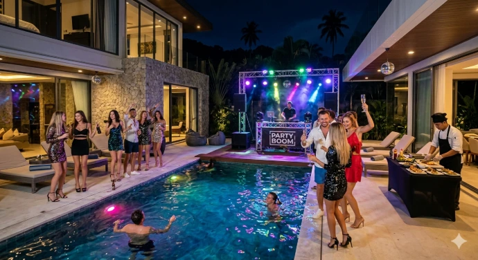 Private chef, poolside BBQ, villa games, cocktails, and premium hospitality.