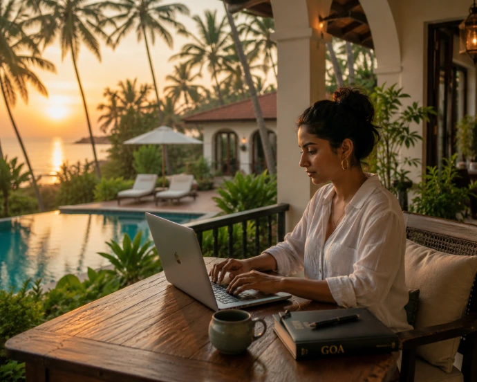 Coastal villa workspace at sunset