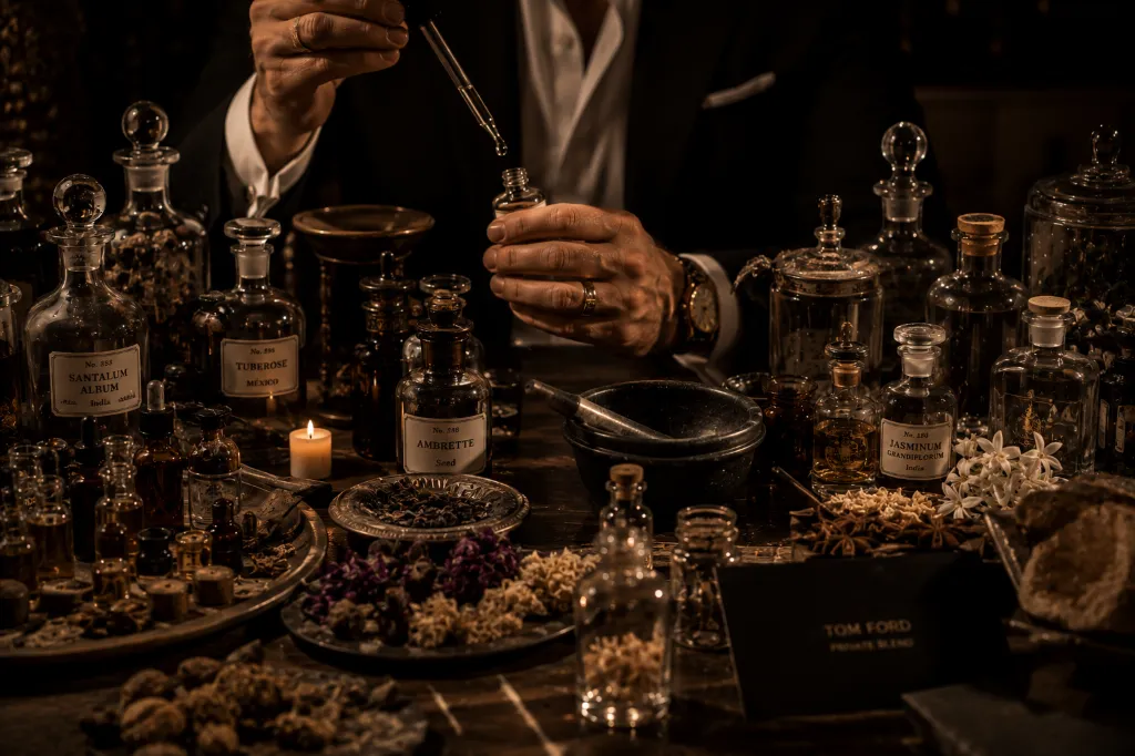 Perfume crafting at an apothecary table.webp