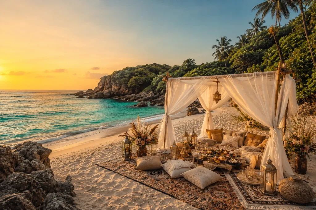 Boho beach picnic at sunset.webp