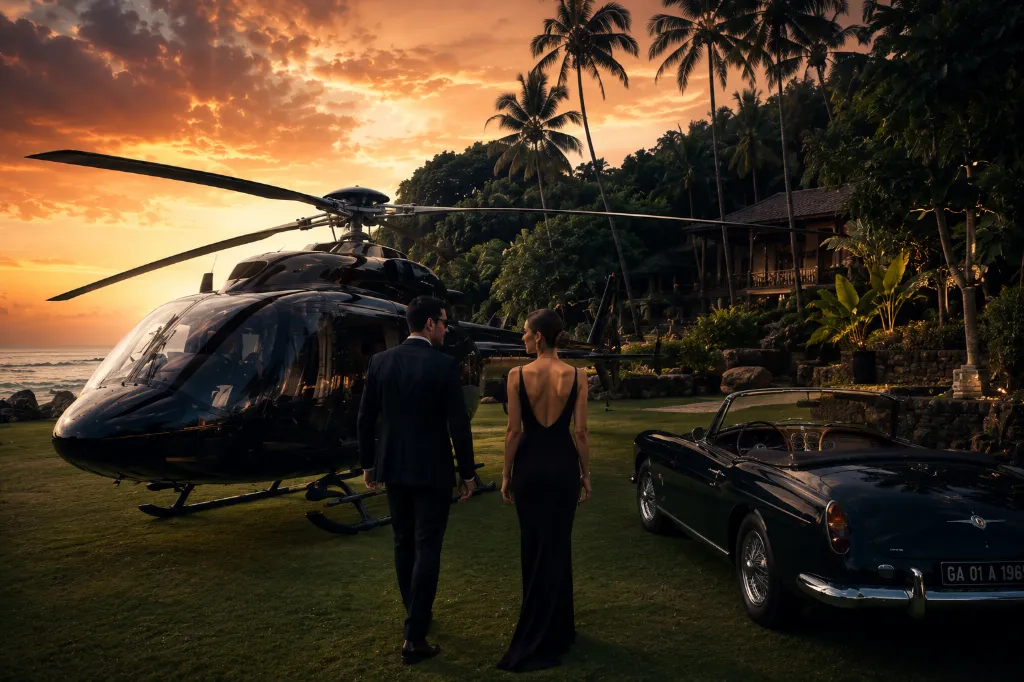 Tropical sunset luxury with helicopter and car.webp