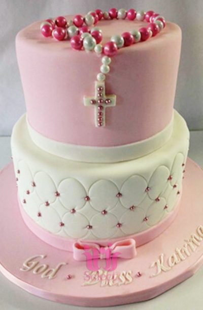 Modern Mint and Pink Tiered Christening Cake